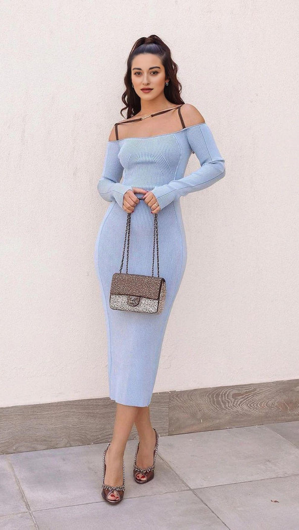 AIIZIE STRAPPY HOLLOW STRAPLESS BANDAGE MINI DRESS IN SKY BLUE - product image