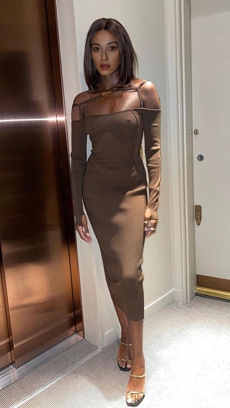 STRAPPY HOLLOW STRAPLESS BANDAGE MINI DRESS IN BROWN