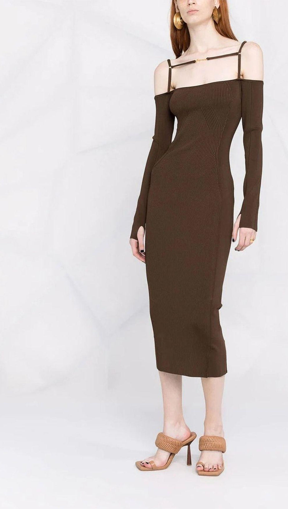 STRAPPY HOLLOW STRAPLESS BANDAGE MINI DRESS IN BROWN