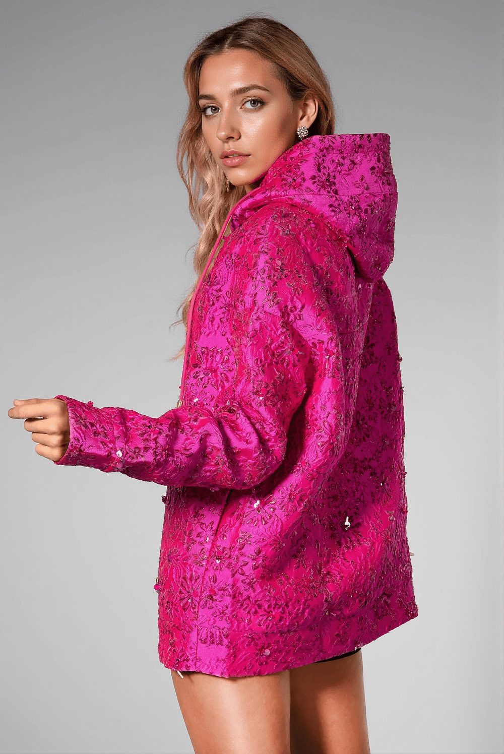 FELPA CON CAPPUCCIO LUNGA ROSA FLOREALE OVIDIA