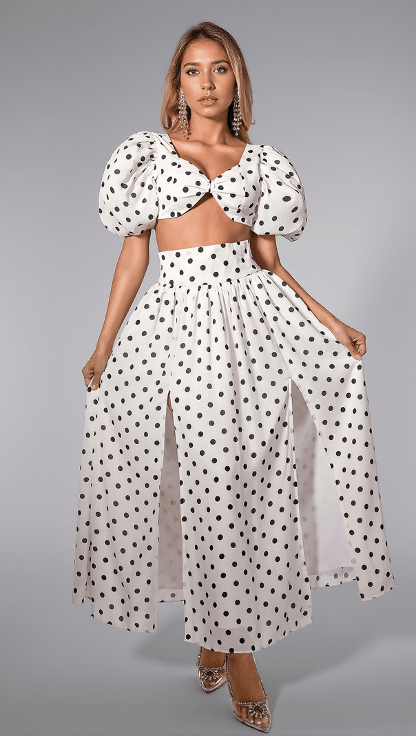 AIIZIE OLINDA POLKA DOT MINI TOP WITH HIGH SLIT SKIRT SET - product image