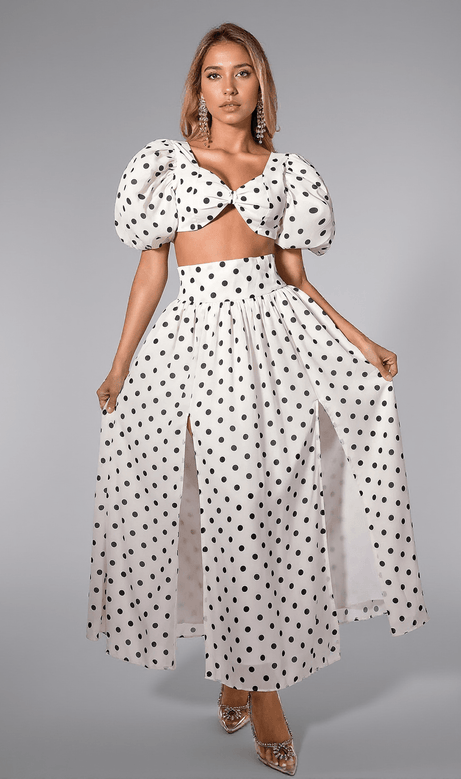 Olinda Polka Dot Mini Top with High Slit Skirt Set