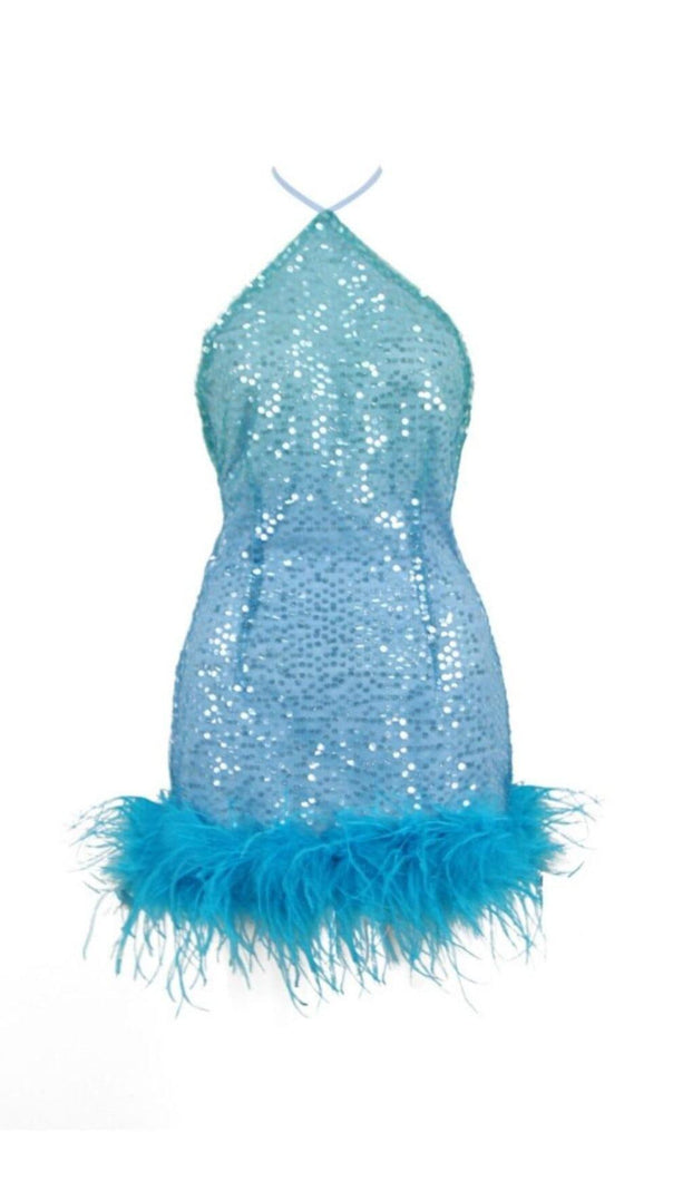 AIIZIE TURQUOISE JEWEL SEQUIN FEATHER MINI DRESS - product image