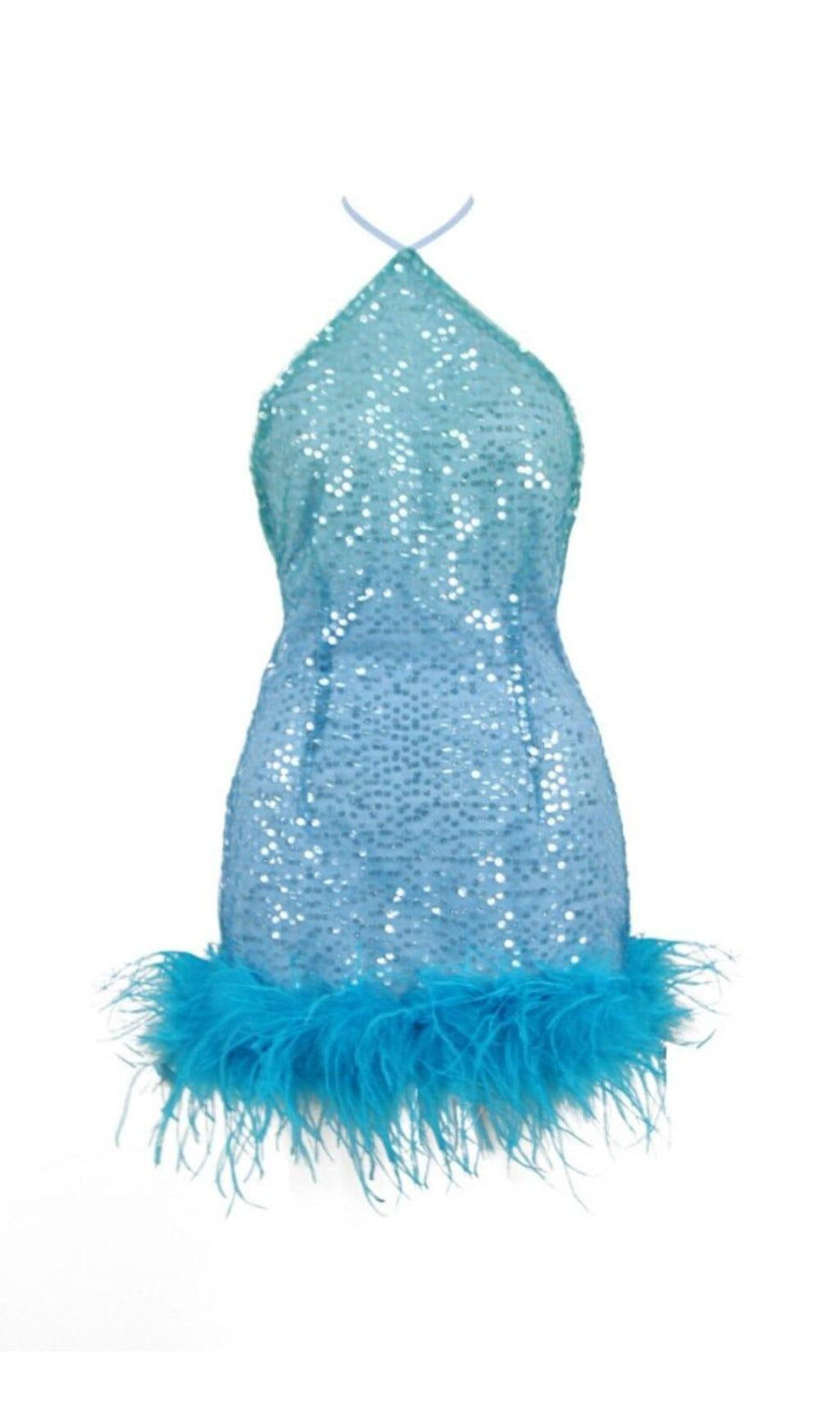 TÜRKIS-MINIKLEID MIT JUWELEN UND PAILLETTEN 