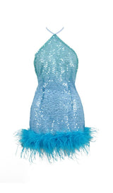 TURQUOISE JEWEL SEQUIN FEATHER MINI DRESS