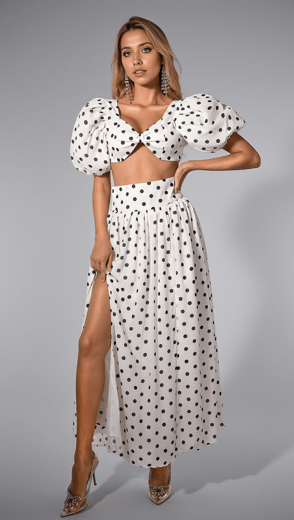 AIIZIE OLINDA POLKA DOT MINI TOP WITH HIGH SLIT SKIRT SET - product image