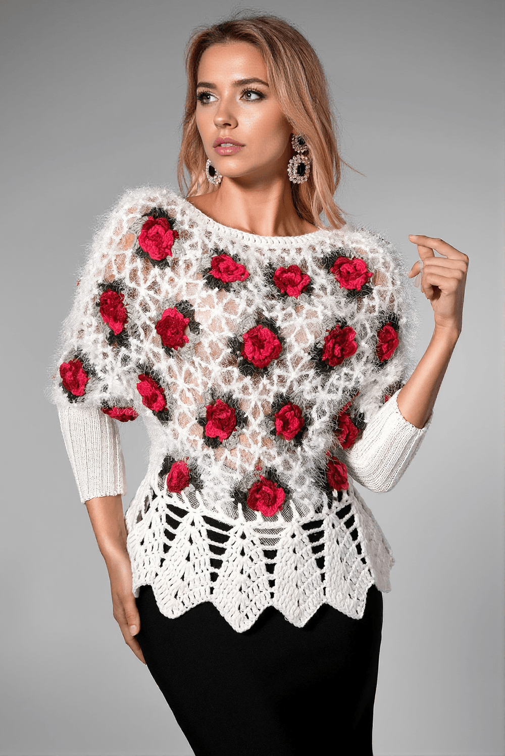 MAGLIONE ALL'UNCINETTO CON FIORI 3D NADEEN