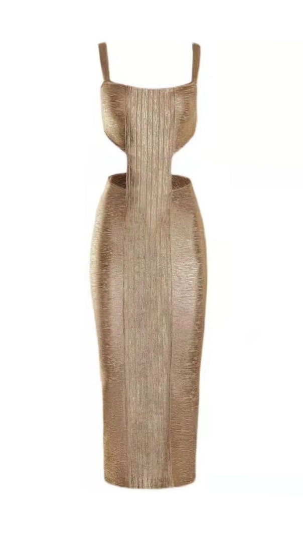 AIIZIE STRAPPY CUT OUT BANDAGE MIDI DRESS IN GOLD - product image