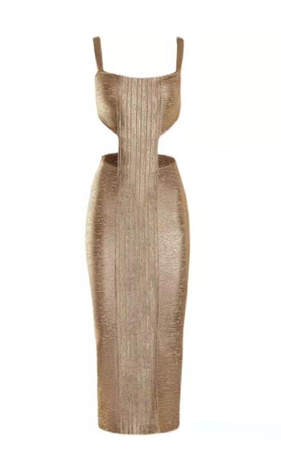 ABITO MIDI CON BENDAGGI E TAGLIO A SPALLINE IN ORO