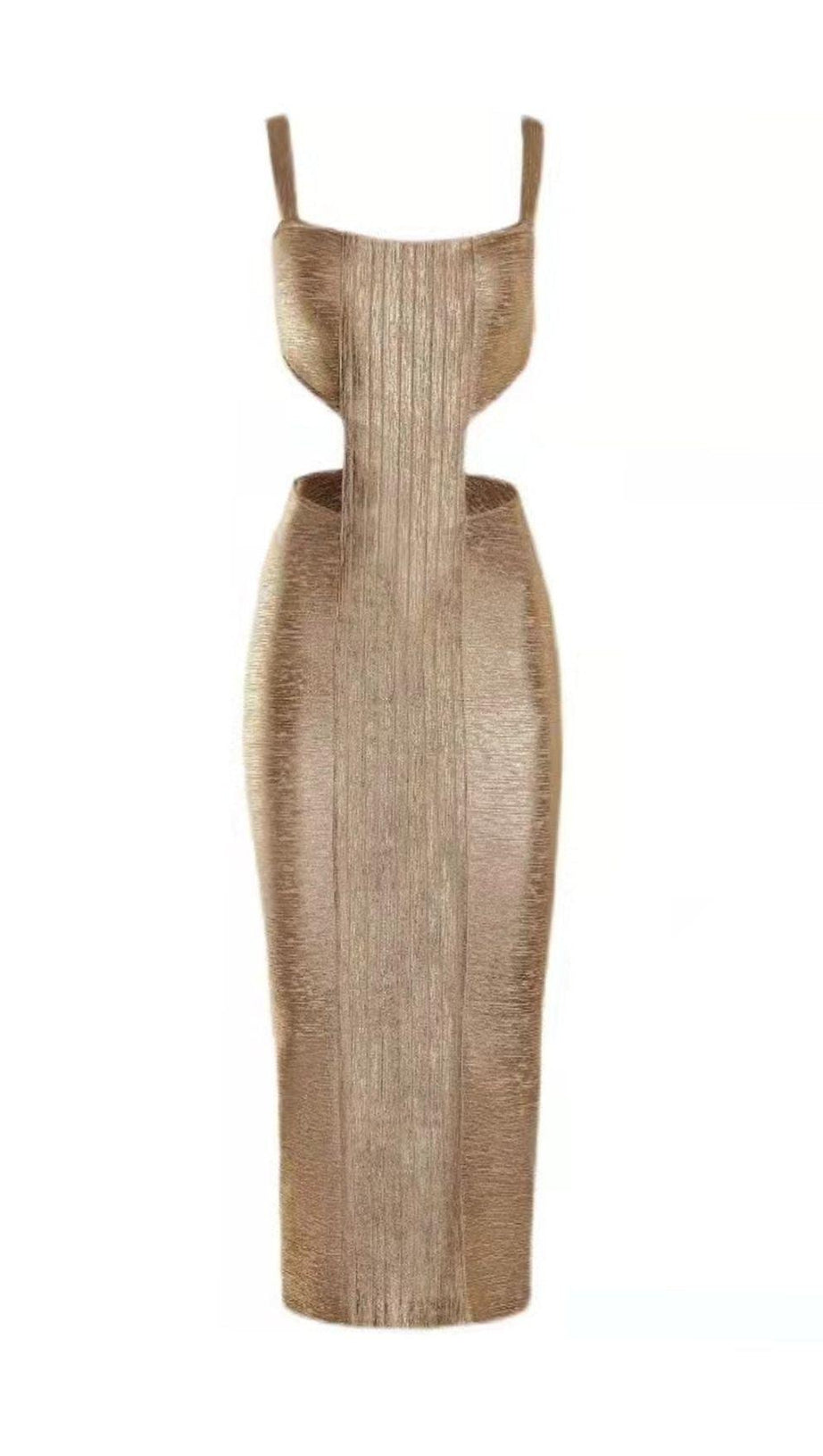 STRAPPY CUT OUT BANDAGE MIDI DRESS IN GOLD