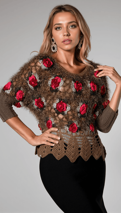 MAGLIONE ALL'UNCINETTO CON FIORI 3D NADEEN
