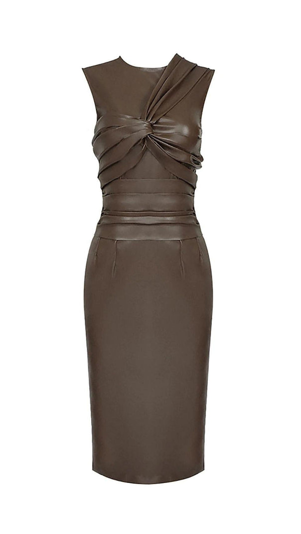 AIIZIE DRAPED LEATHER PU MIDI DRESS IN BROWN - product image