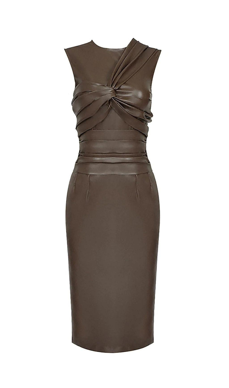ABITO MIDI IN PELLE DRAPPEGGIATA IN PU MARRONE