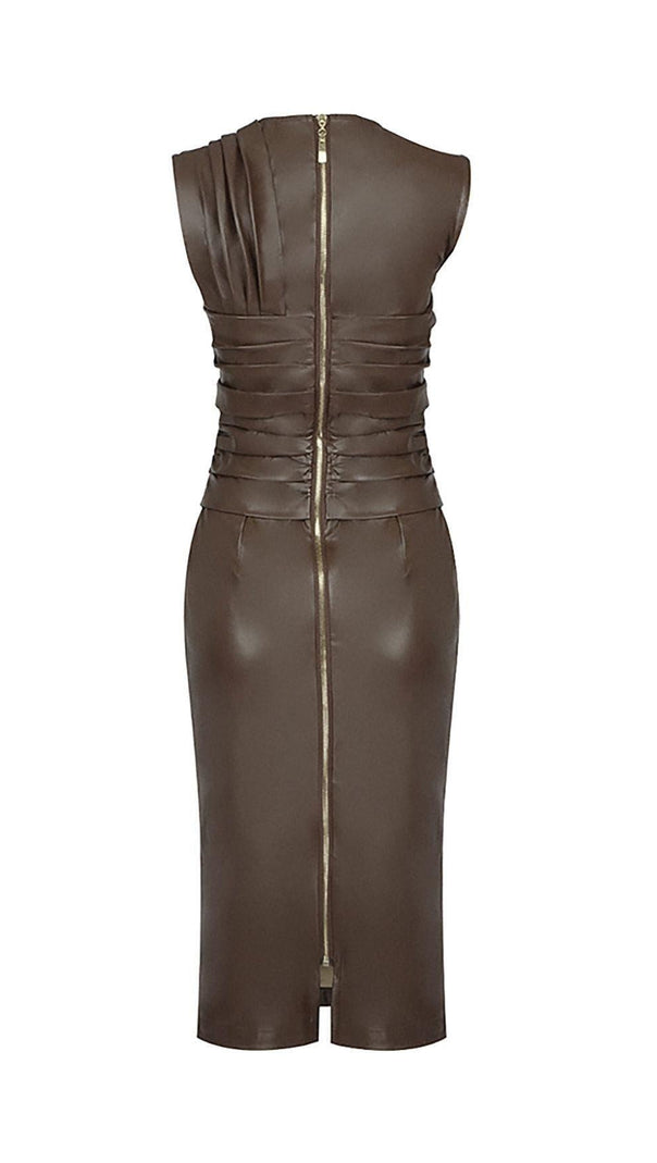 AIIZIE DRAPED LEATHER PU MIDI DRESS IN BROWN - product image
