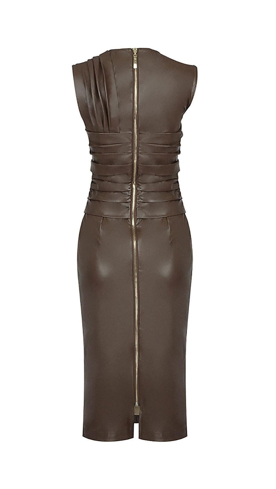 DRAPED LEATHER PU MIDI DRESS IN BROWN