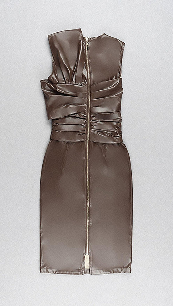 AIIZIE DRAPED LEATHER PU MIDI DRESS IN BROWN - product image