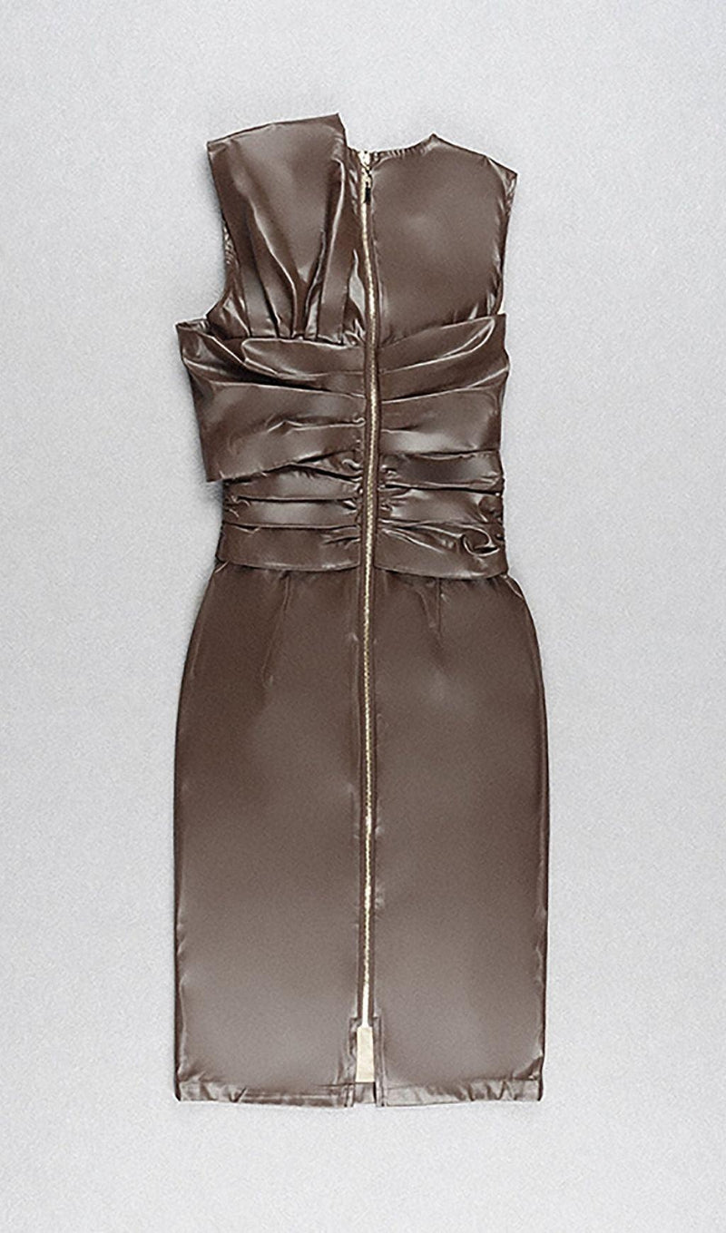 DRAPED LEATHER PU MIDI DRESS IN BROWN