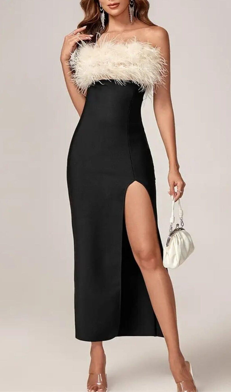 BLACK OFF SHOULDER FEATHERS MAXI BANDAGE DRESS