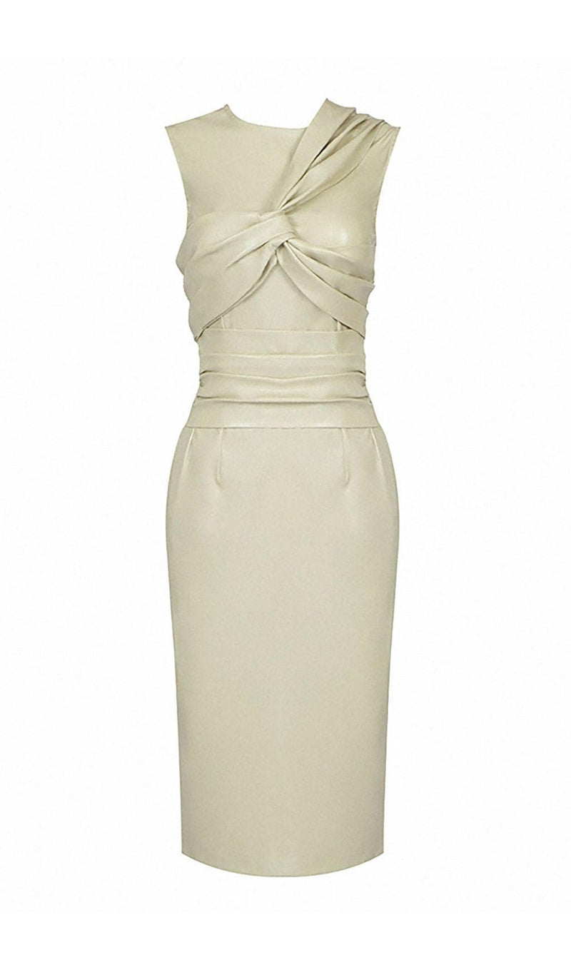 DRAPED LEATHER PU MIDI DRESS IN BEIGE