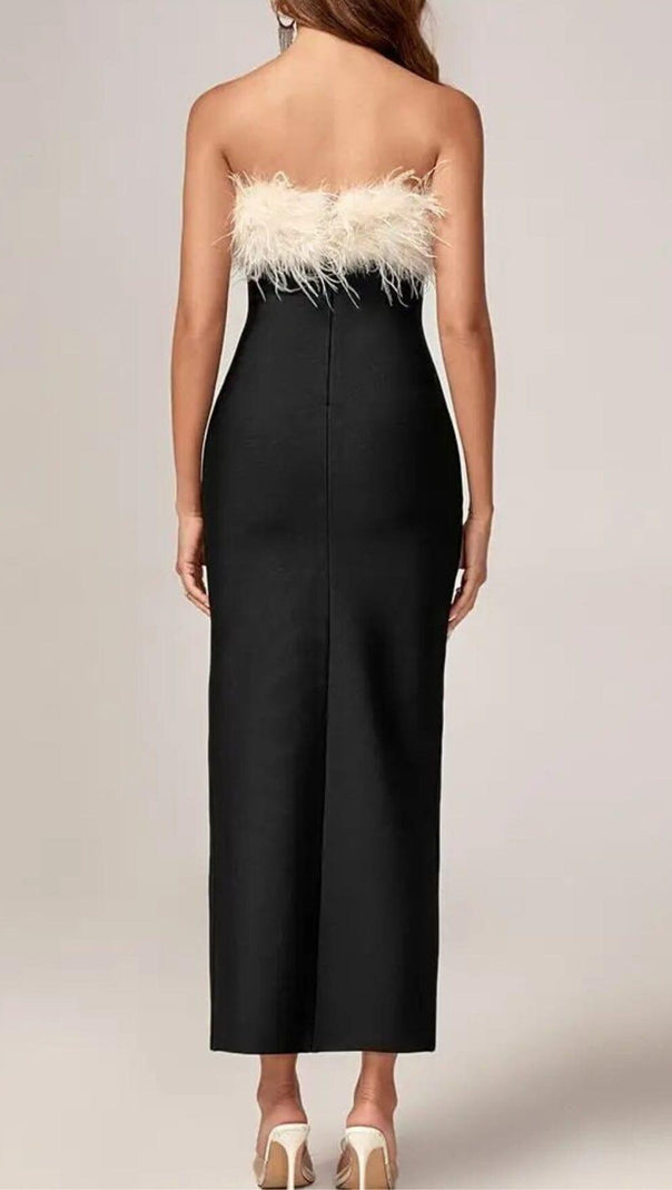AIIZIE BLACK OFF SHOULDER FEATHERS MAXI BANDAGE DRESS - product image