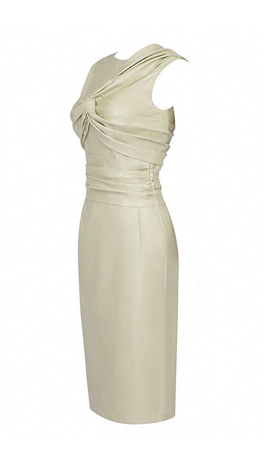 DRAPED LEATHER PU MIDI DRESS IN BEIGE