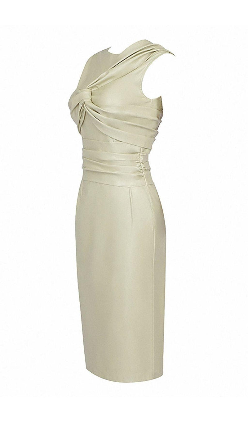 DRAPED LEATHER PU MIDI DRESS IN BEIGE