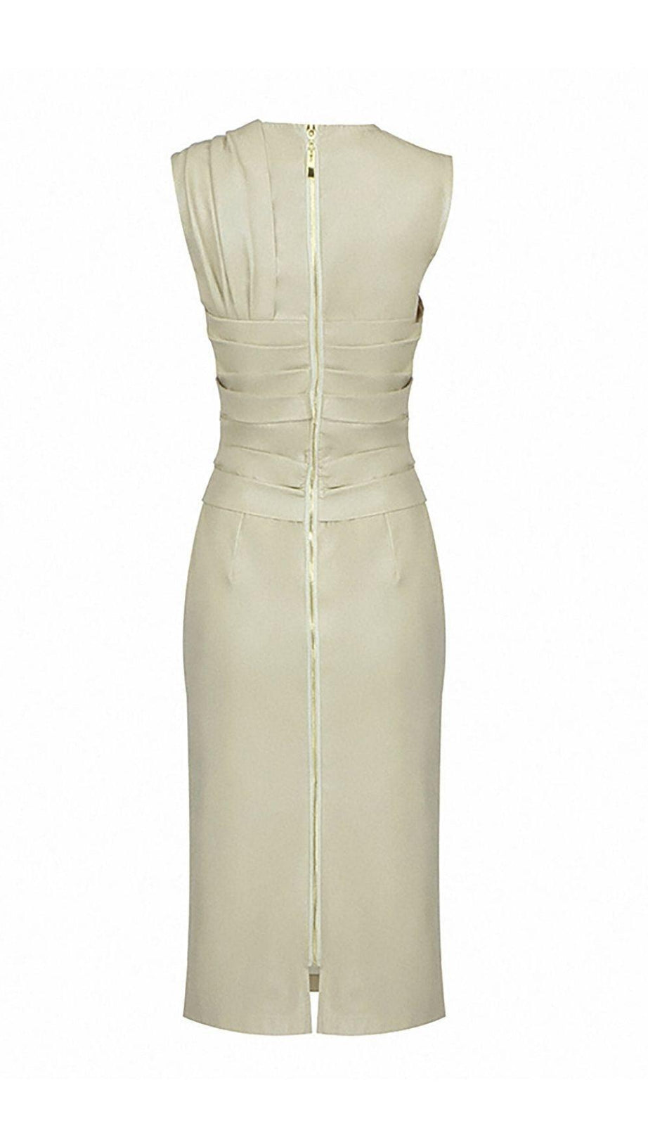 DRAPED LEATHER PU MIDI DRESS IN BEIGE