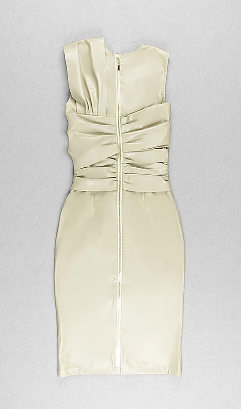 DRAPED LEATHER PU MIDI DRESS IN BEIGE