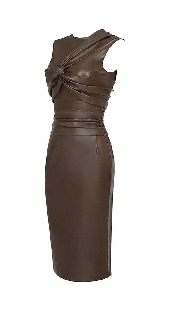 Draped Leather Pu Midi Dress in Beige