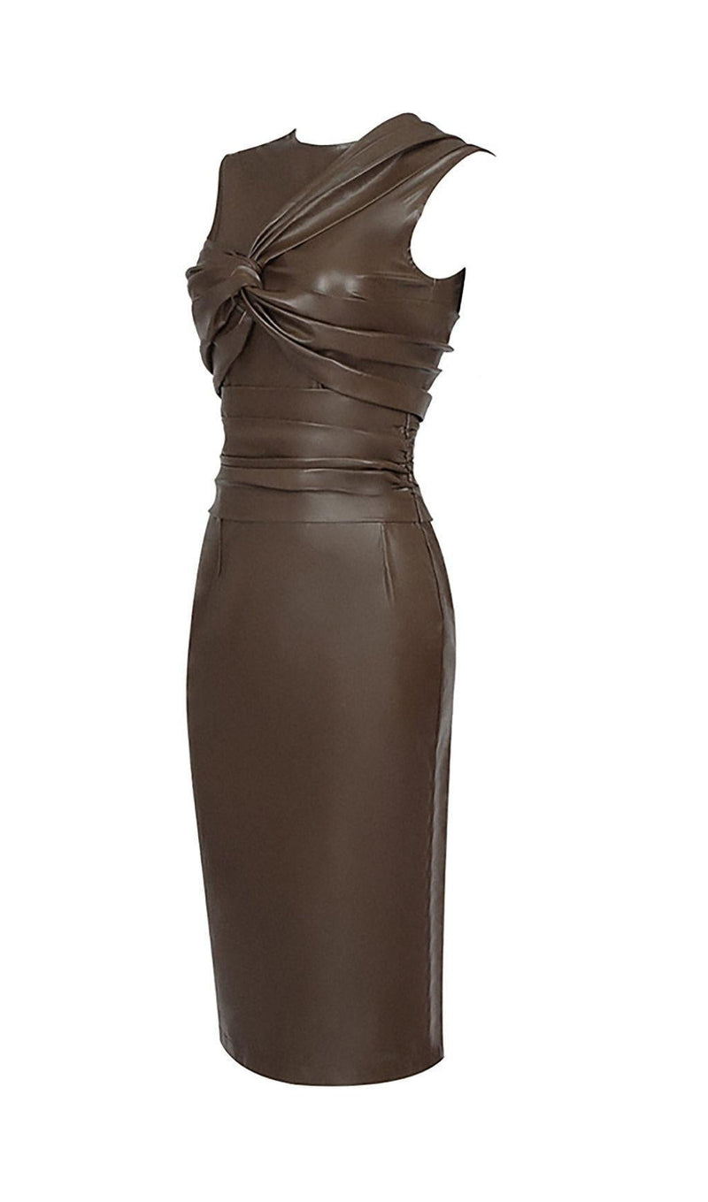 DRAPED LEATHER PU MIDI DRESS IN BEIGE