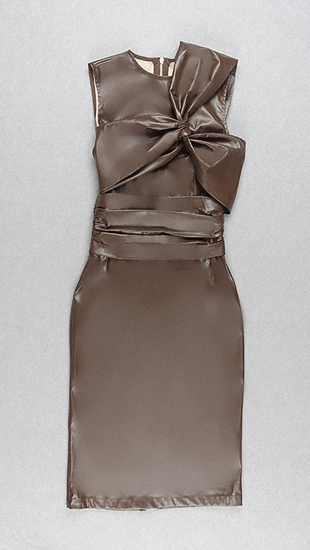 Draped Leather Pu Midi Dress in Beige