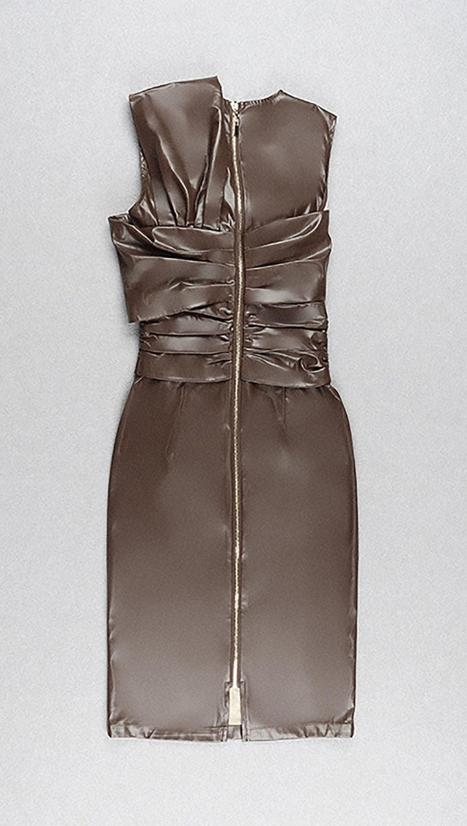 DRAPED LEATHER PU MIDI DRESS IN BEIGE