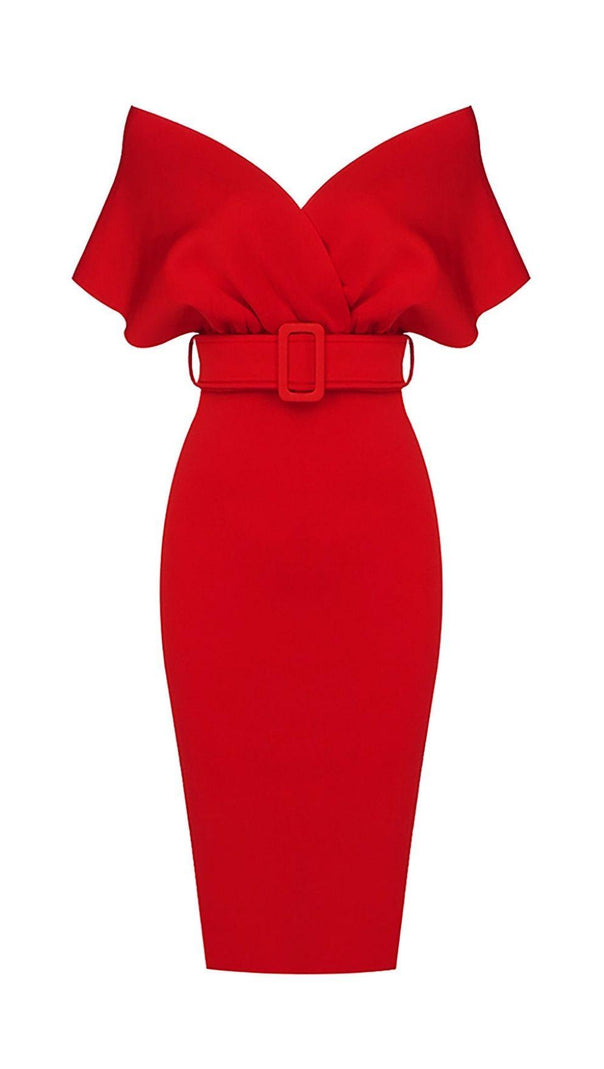 AIIZIE OFF SHOULDER V NECK BODYCON MIDI DRESS IN RED - product image