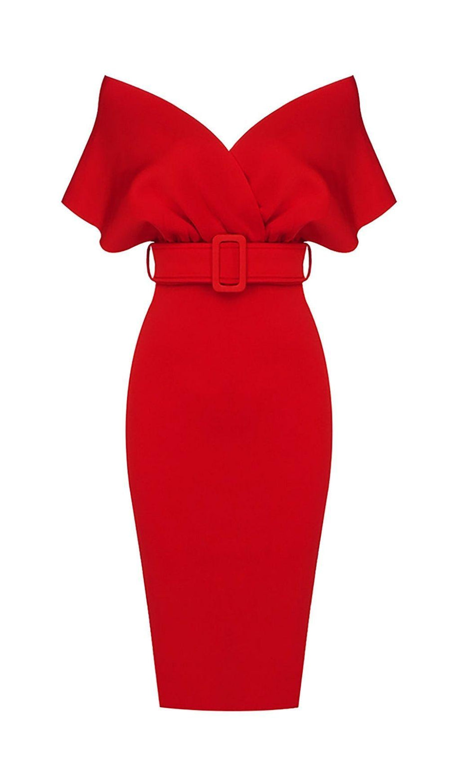 ABITO MIDI ADERENTE CON SCOLLO A V E SPALLE SCOPERTE IN ROSSO
