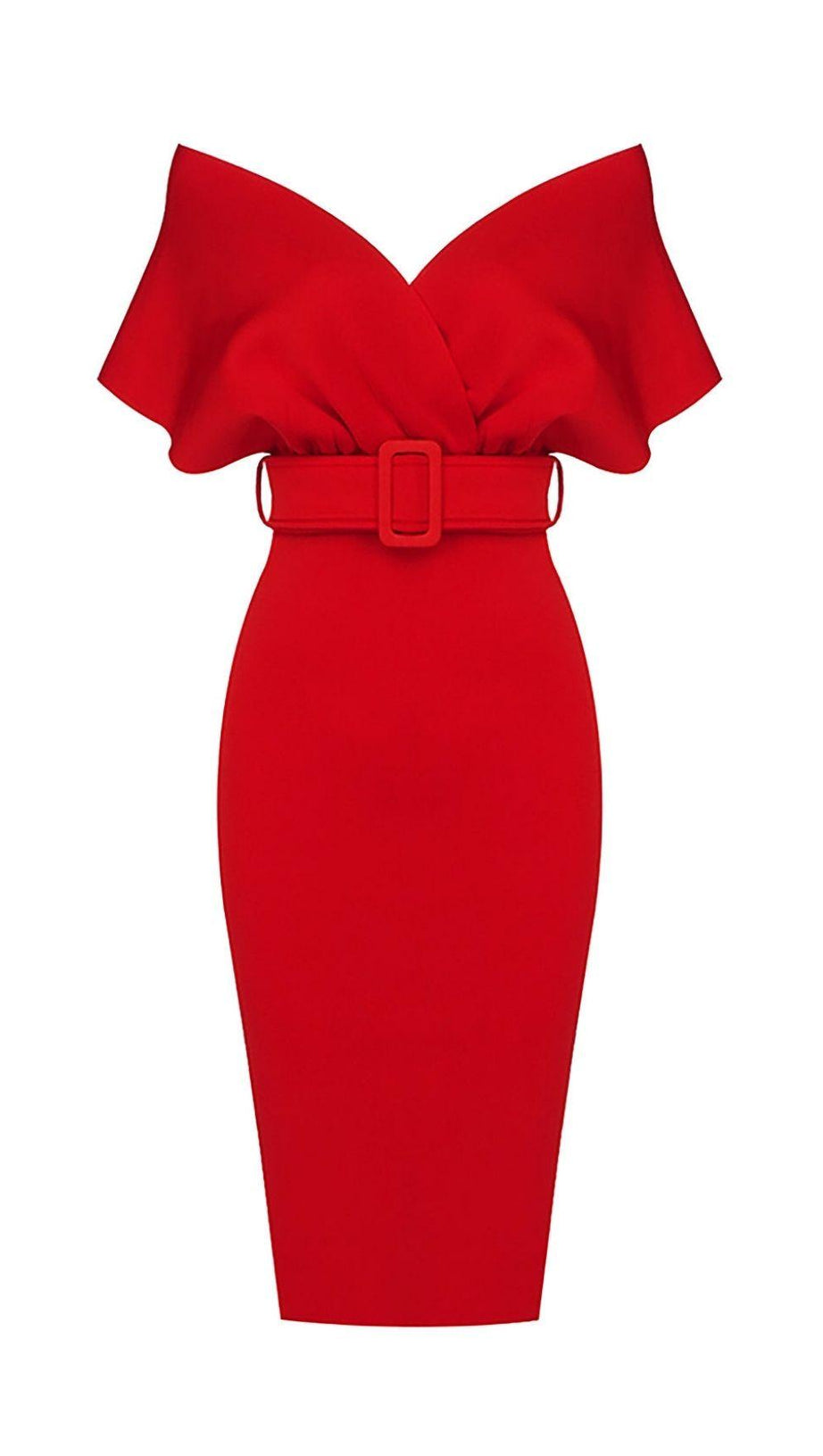 OFF SHOULDER V NECK BODYCON MIDI DRESS IN RED