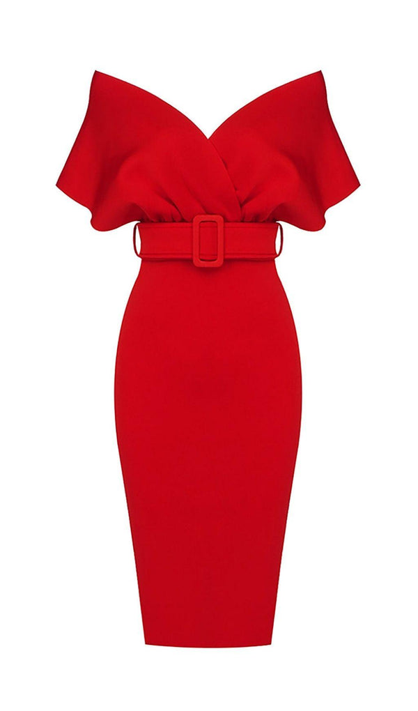 OFF SHOULDER V NECK BODYCON MIDI DRESS IN RED