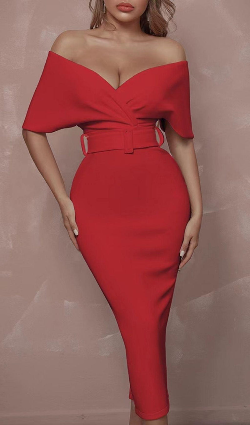 OFF SHOULDER V NECK BODYCON MIDI DRESS IN RED