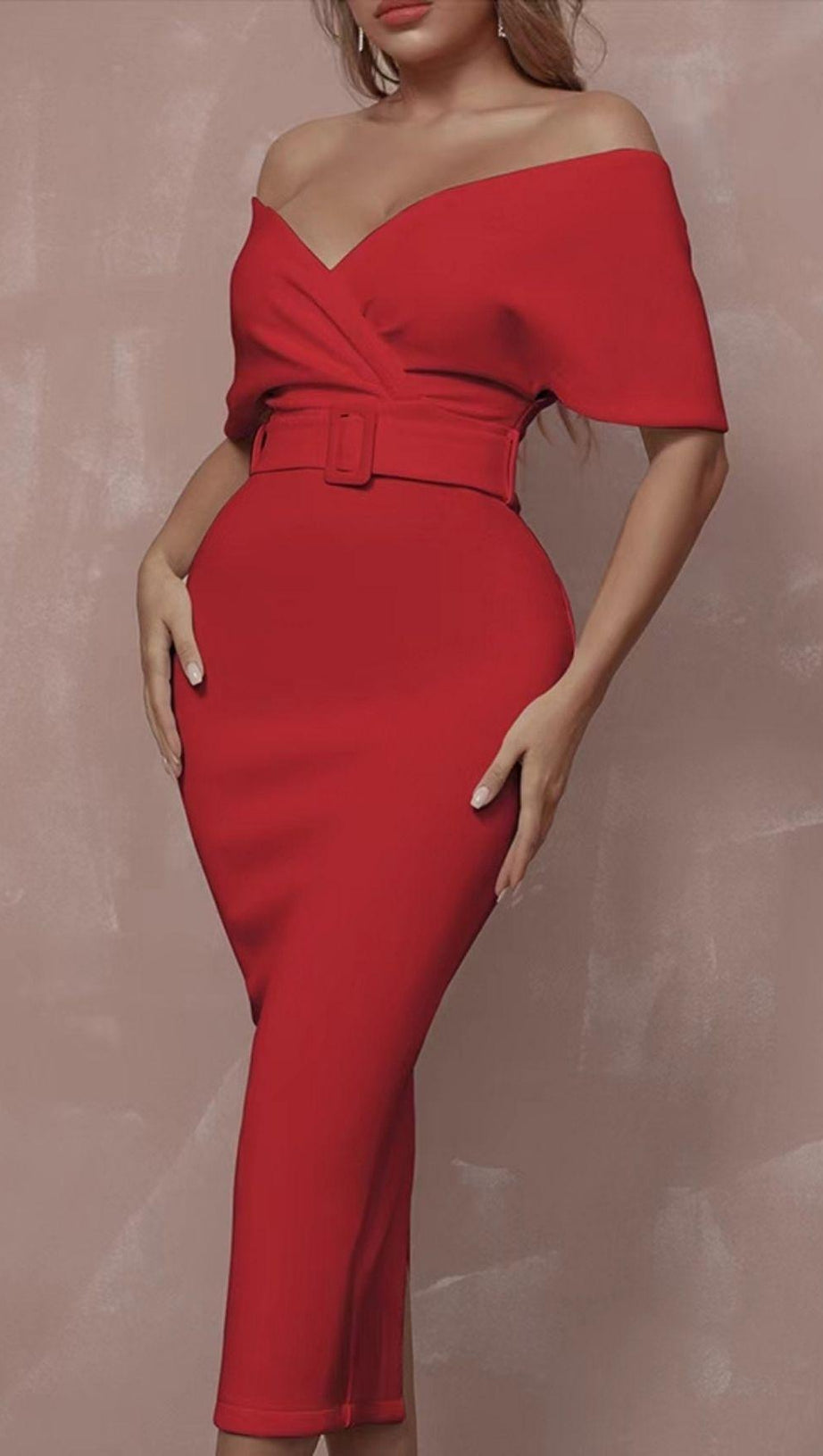 OFF SHOULDER V NECK BODYCON MIDI DRESS IN RED