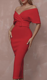 OFF SHOULDER V NECK BODYCON MIDI DRESS IN RED