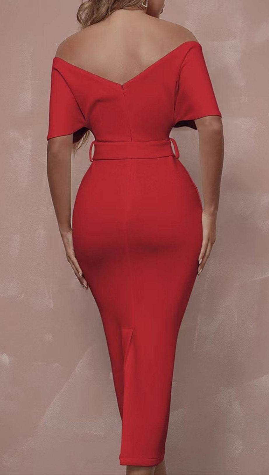 OFF SHOULDER V NECK BODYCON MIDI DRESS IN RED