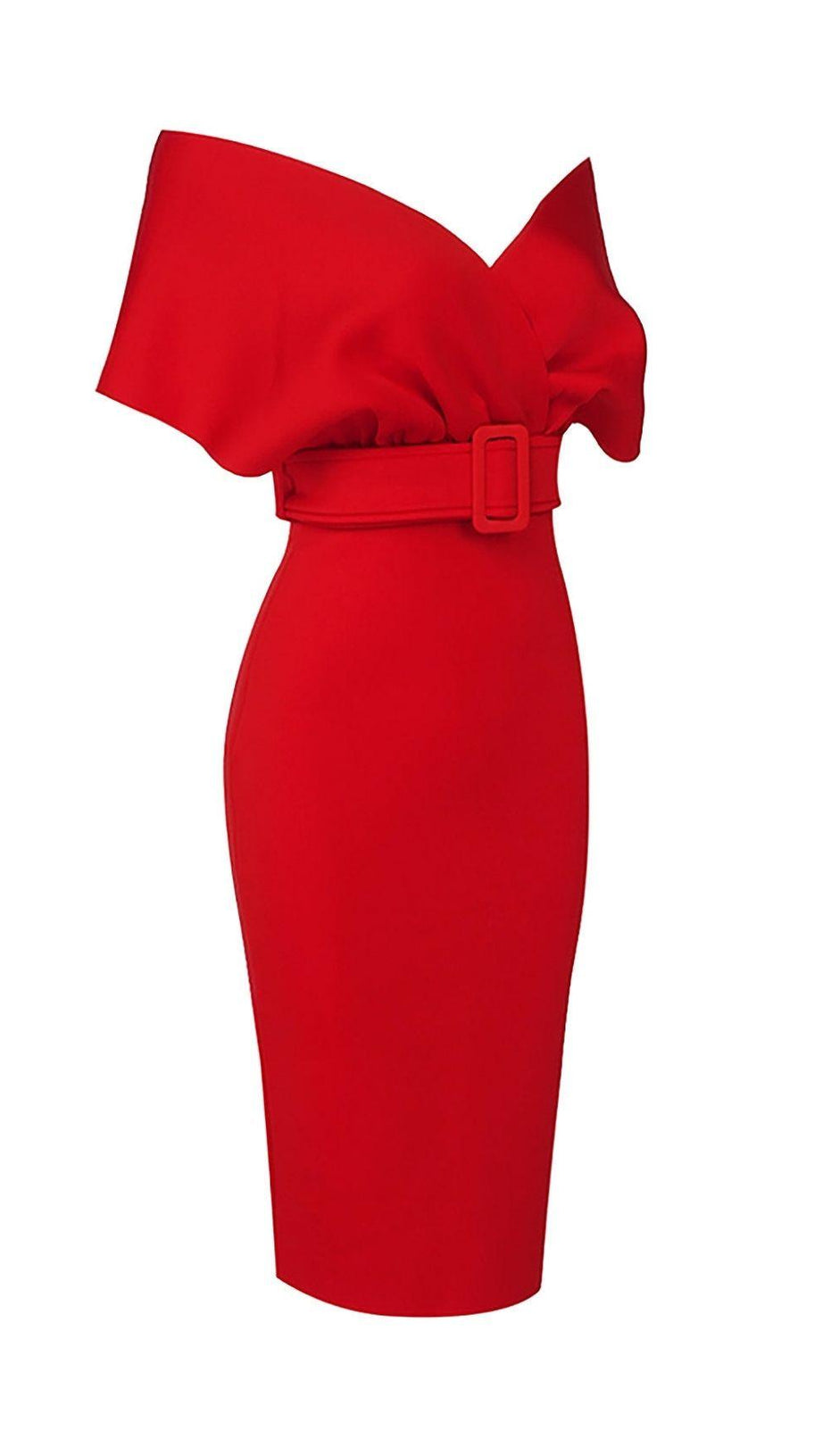 OFF SHOULDER V NECK BODYCON MIDI DRESS IN RED
