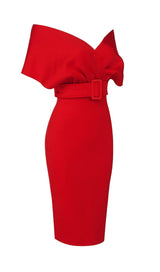 OFF SHOULDER V NECK BODYCON MIDI DRESS IN RED