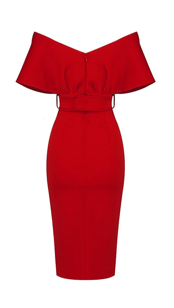 ABITO MIDI ADERENTE CON SCOLLO A V E SPALLE SCOPERTE IN ROSSO