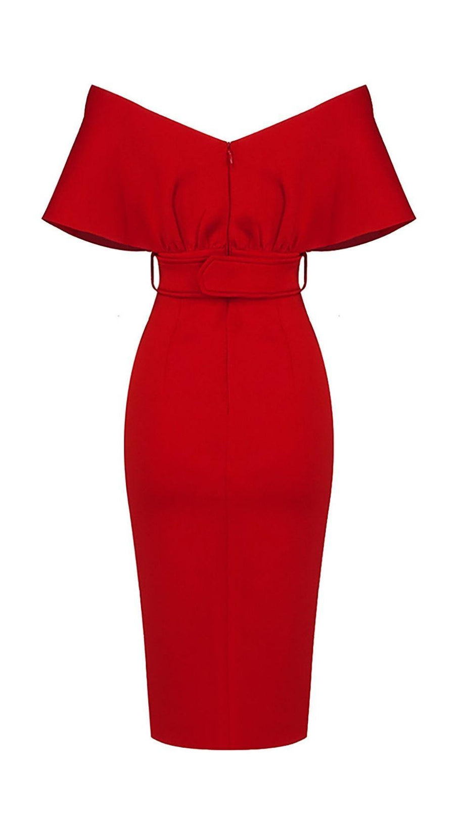 OFF SHOULDER V NECK BODYCON MIDI DRESS IN RED