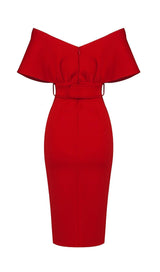 OFF SHOULDER V NECK BODYCON MIDI DRESS IN RED