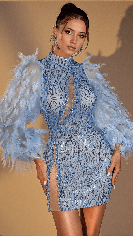 KAMARI FEATHER SEQUIN MESH DRESS