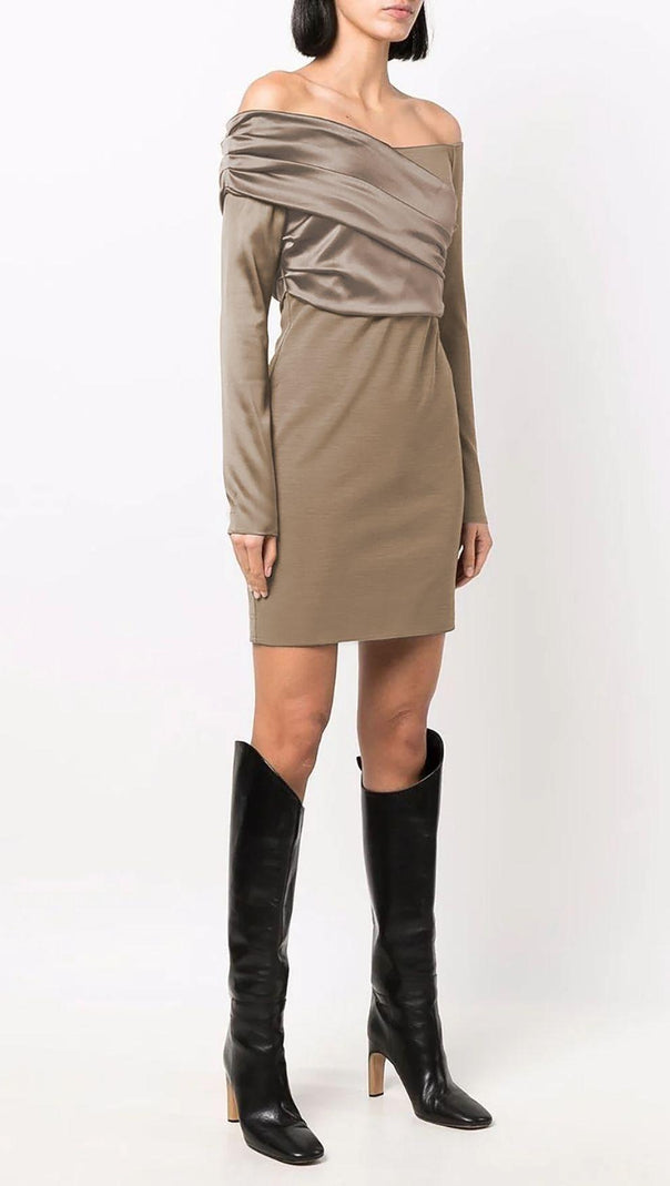 AIIZIE LONG SLEEVE FOLDS BANDAGE MINI DRESS IN KHAKI - product image