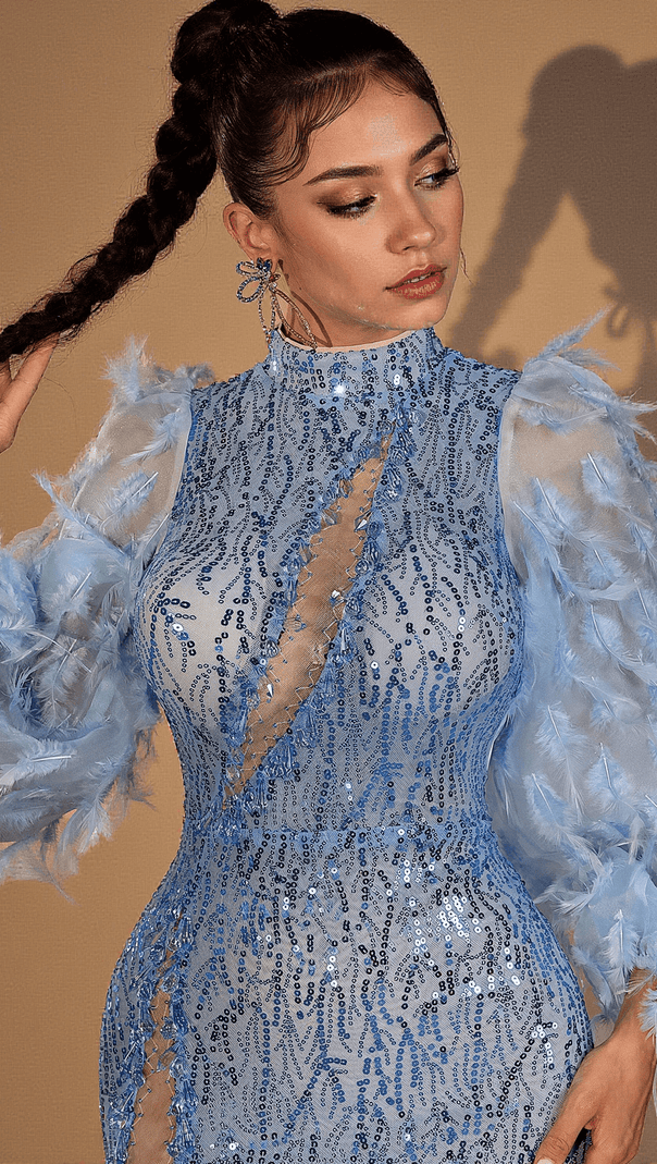 AIIZIE KAMARI FEATHER SEQUIN MESH DRESS - product image