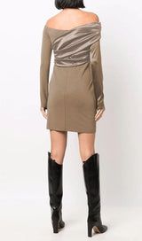 LONG SLEEVE FOLDS BANDAGE MINI DRESS IN KHAKI