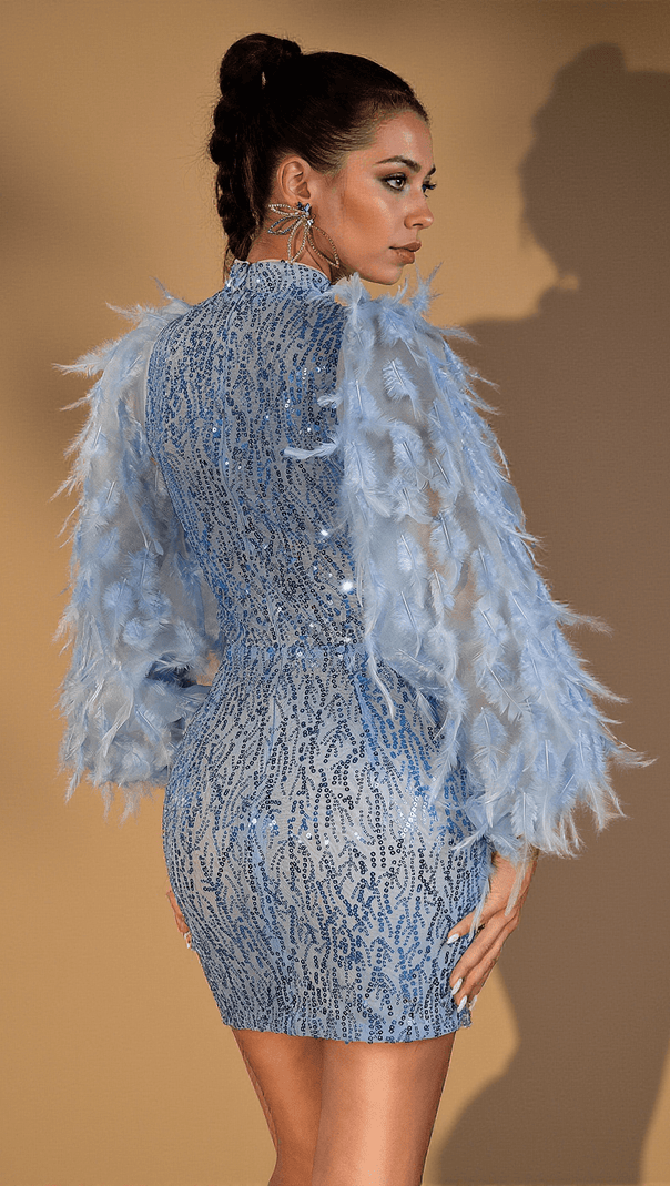 AIIZIE KAMARI FEATHER SEQUIN MESH DRESS - product image
